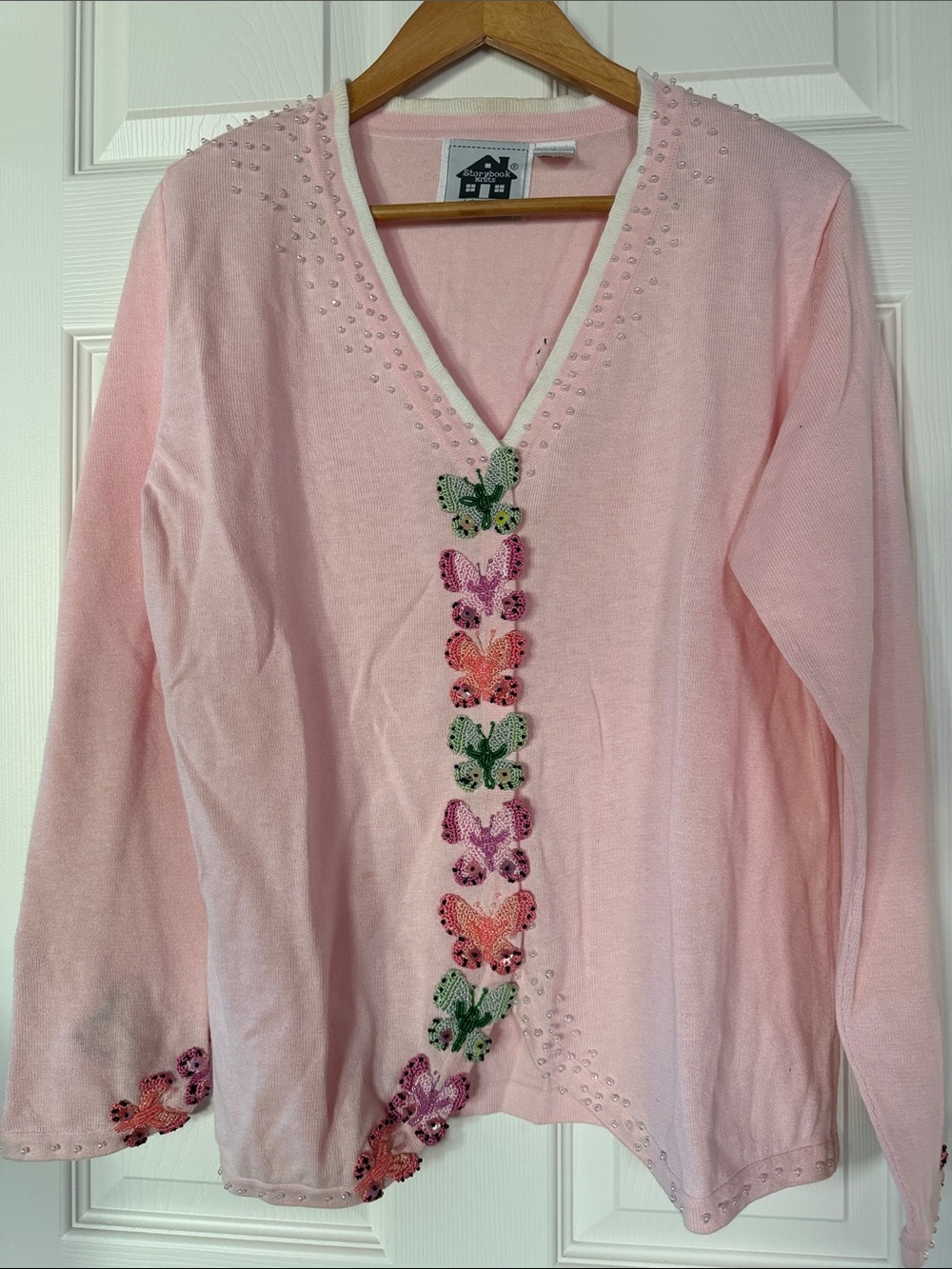 Vintage Storybook knits Sweater “Ornate Butterflies” Pink Cardigan